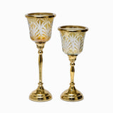Load image into Gallery viewer, Set of 2 sparkle glass candle holders with brass polish metal stand