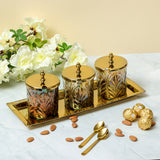 Load image into Gallery viewer, Set of 3 sparkle glass jars with brass tray
