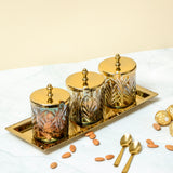 Load image into Gallery viewer, Set of 3 sparkle glass jars with brass tray
