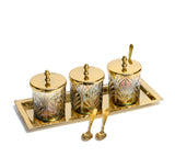 Load image into Gallery viewer, Set of 3 sparkle glass jars with brass tray