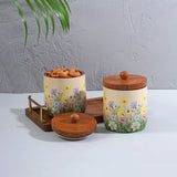Load image into Gallery viewer, Set of 3 -2  storage jars with mangowood tray along with gold metal handles .