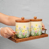 Load image into Gallery viewer, Set of 3 -2  storage jars with mangowood tray along with gold metal handles .