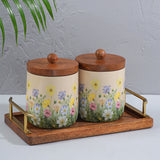 Load image into Gallery viewer, Set of 3 -2  storage jars with mangowood tray along with gold metal handles .