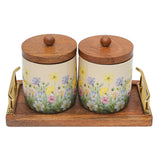 Load image into Gallery viewer, Set of 3 -2  storage jars with mangowood tray along with gold metal handles .